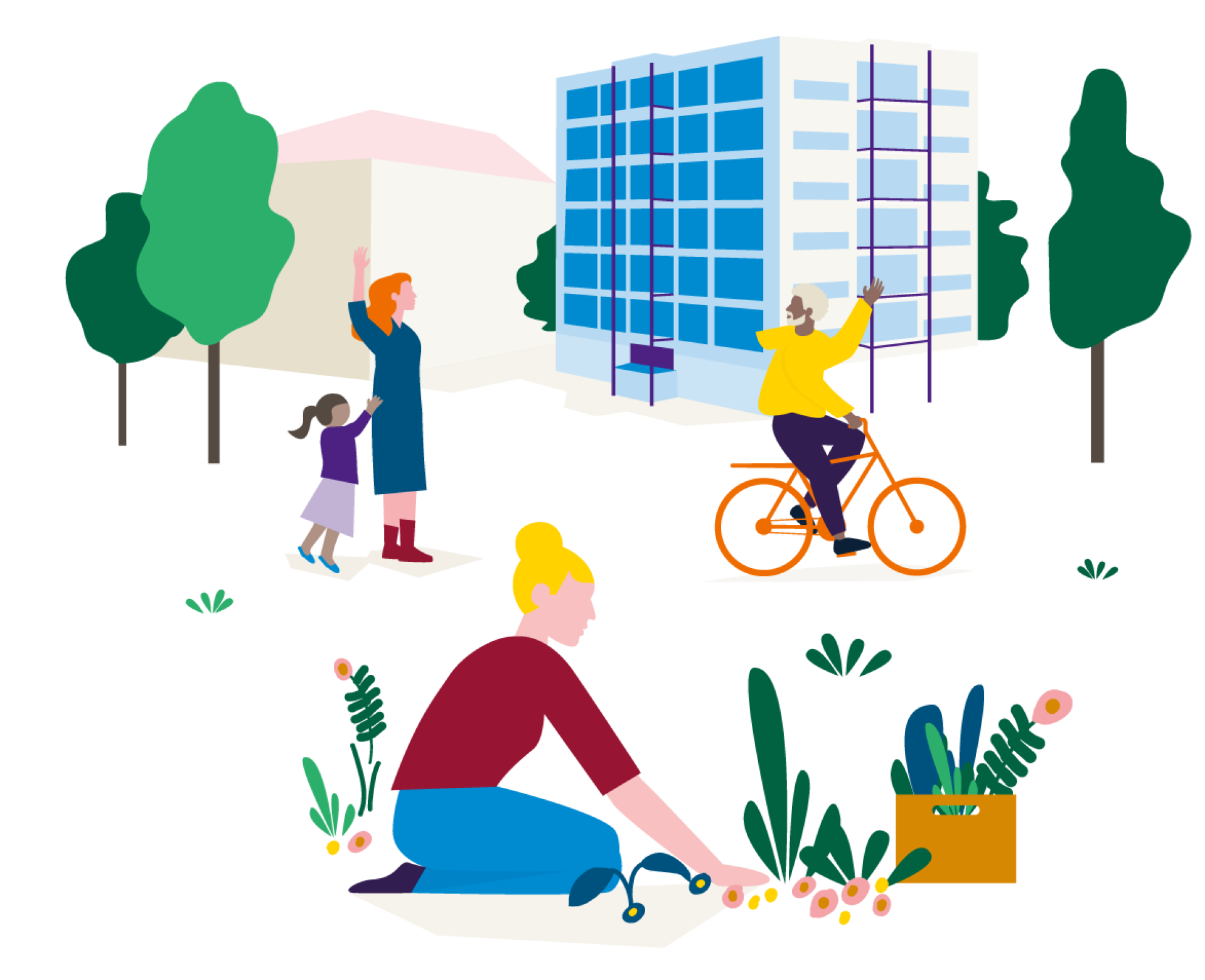 Illustratie van een gemeenschapsscene met mensen die tuinieren, fietsen en wandelen.