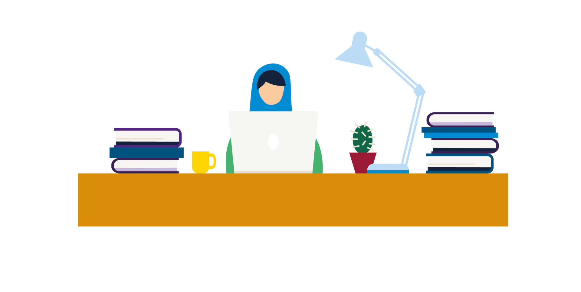 Illustratie van een vrouw aan het werk aan een bureau met laptop en boeken.