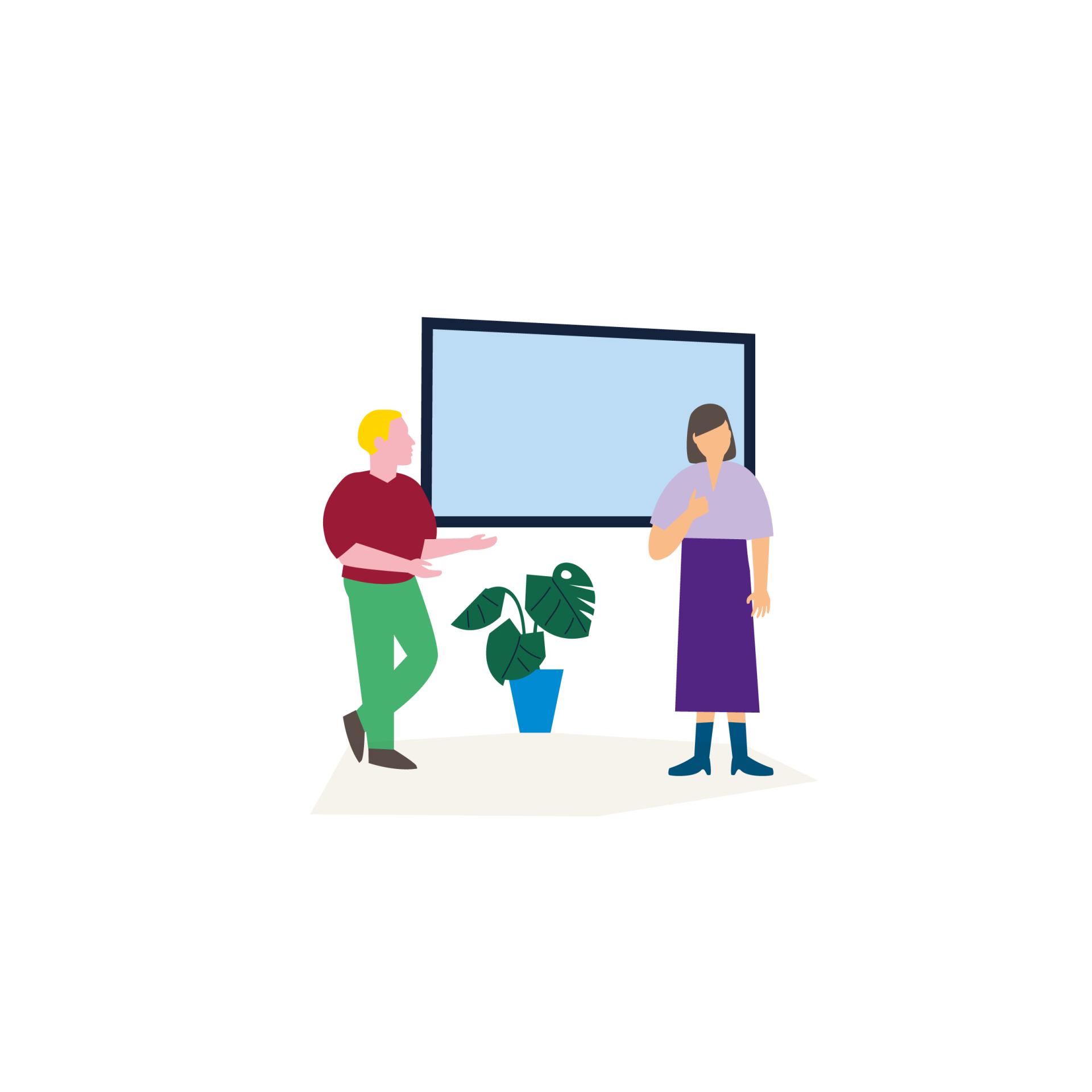 Illustratie van twee mensen die voor een scherm in gesprek zijn.