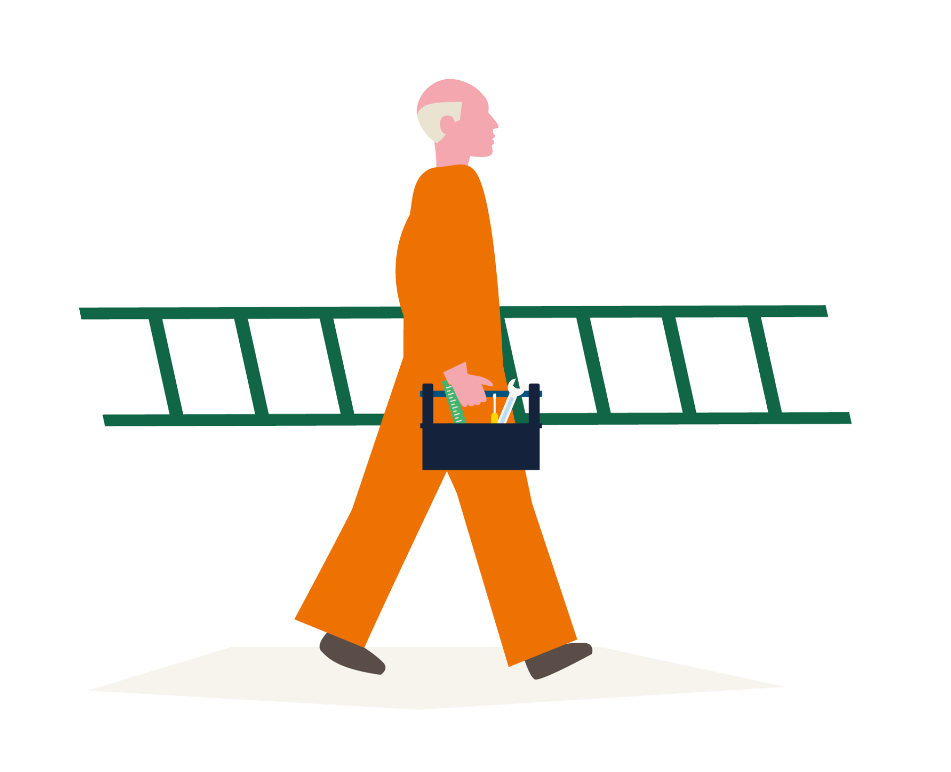 Illustratie van een persoon die een ladder en gereedschapskist draagt.