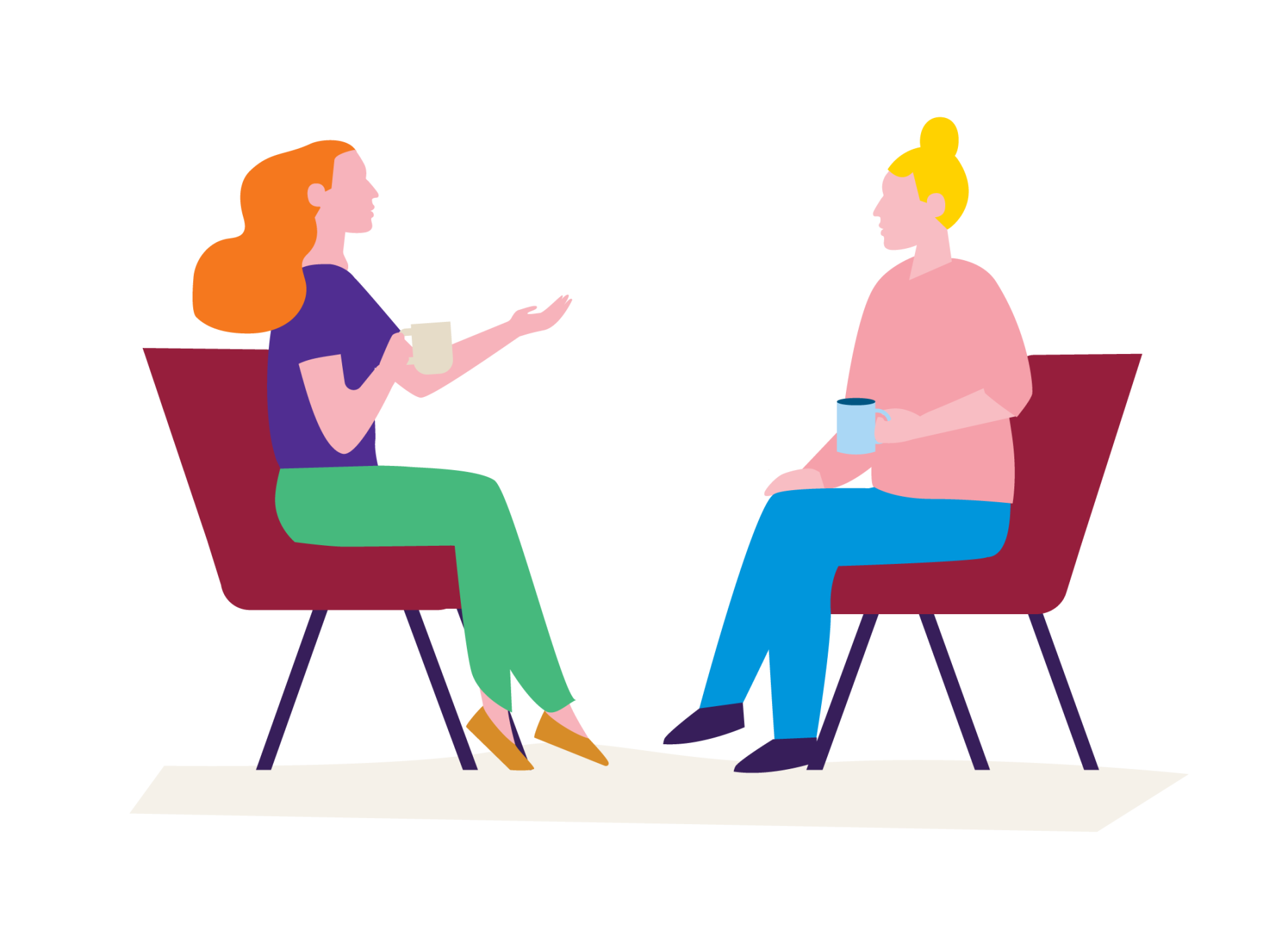 Illustratie van twee personen in gesprek met kopjes in hun handen.