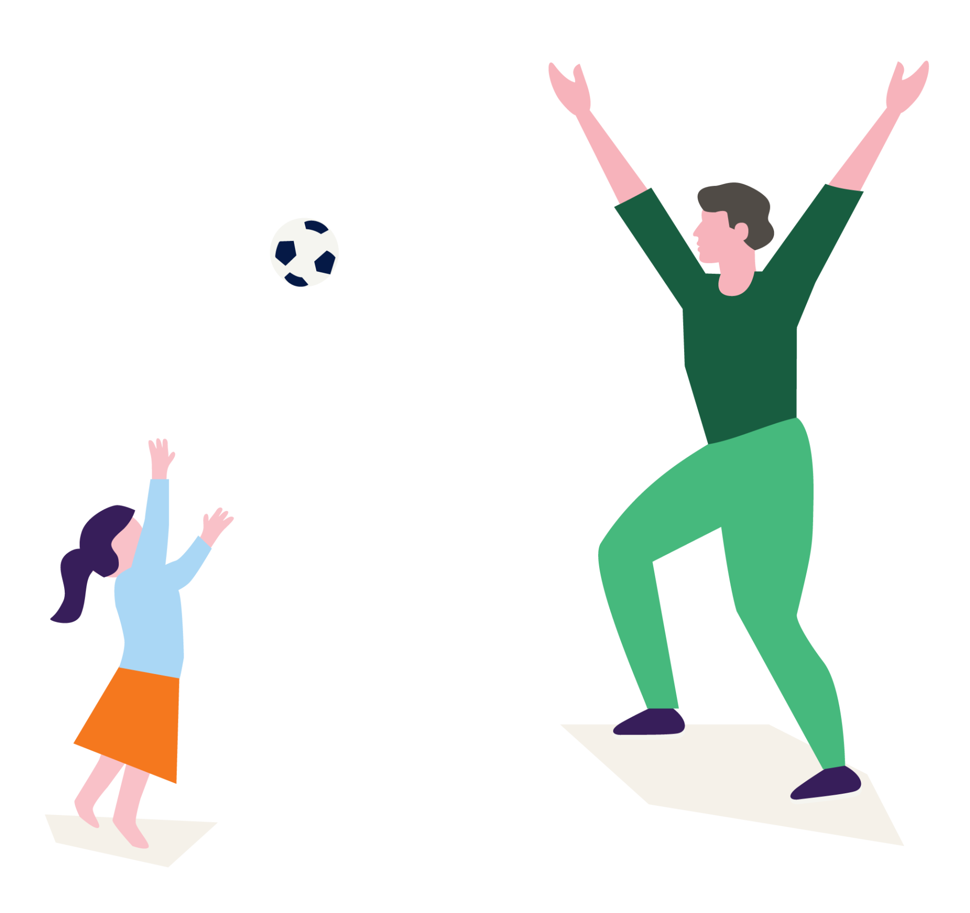 Illustratie van een volwassene en kind die samen met een bal spelen.