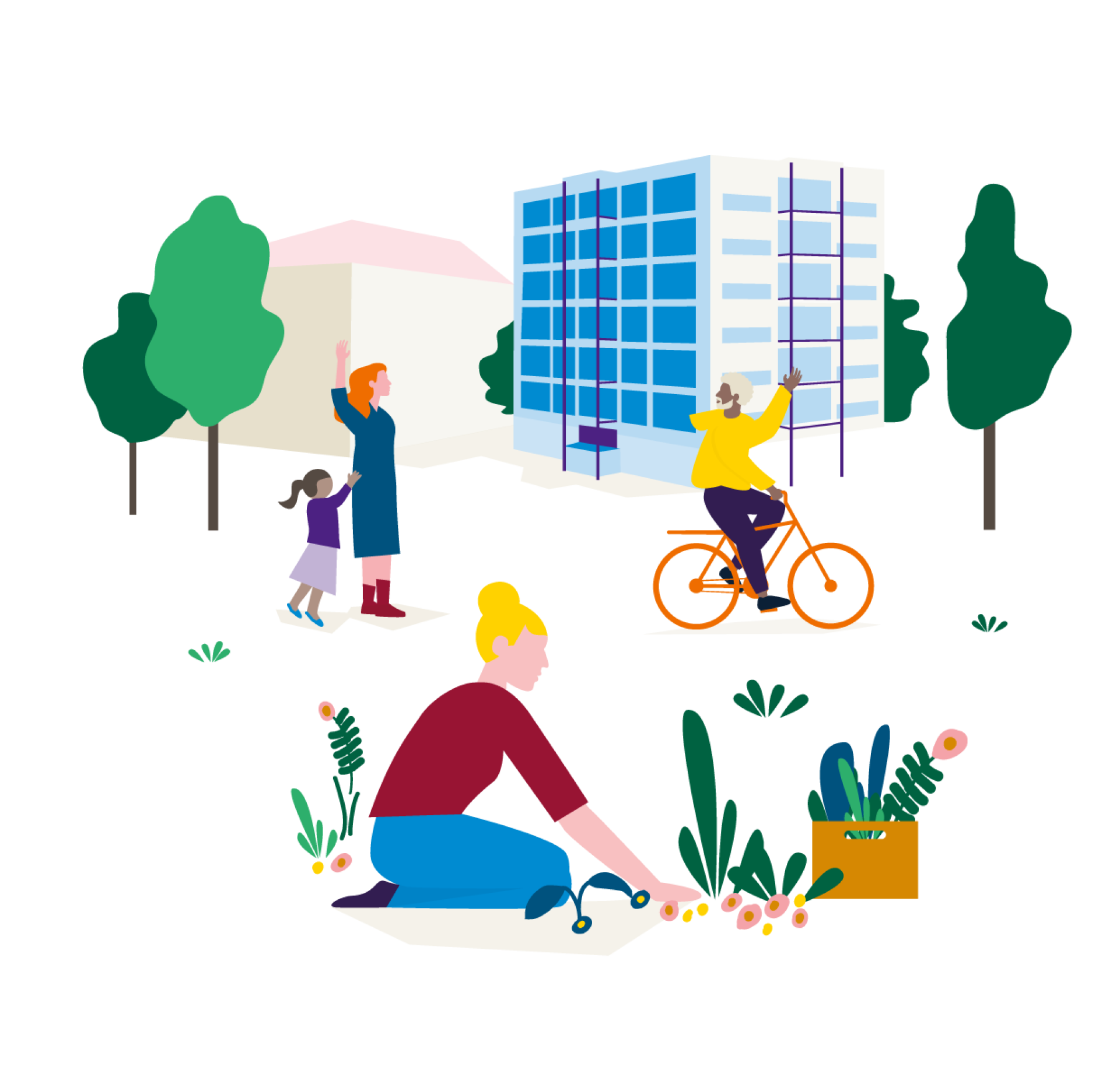 Illustratie van mensen die buitenactiviteiten ondernemen in een stadsomgeving.
