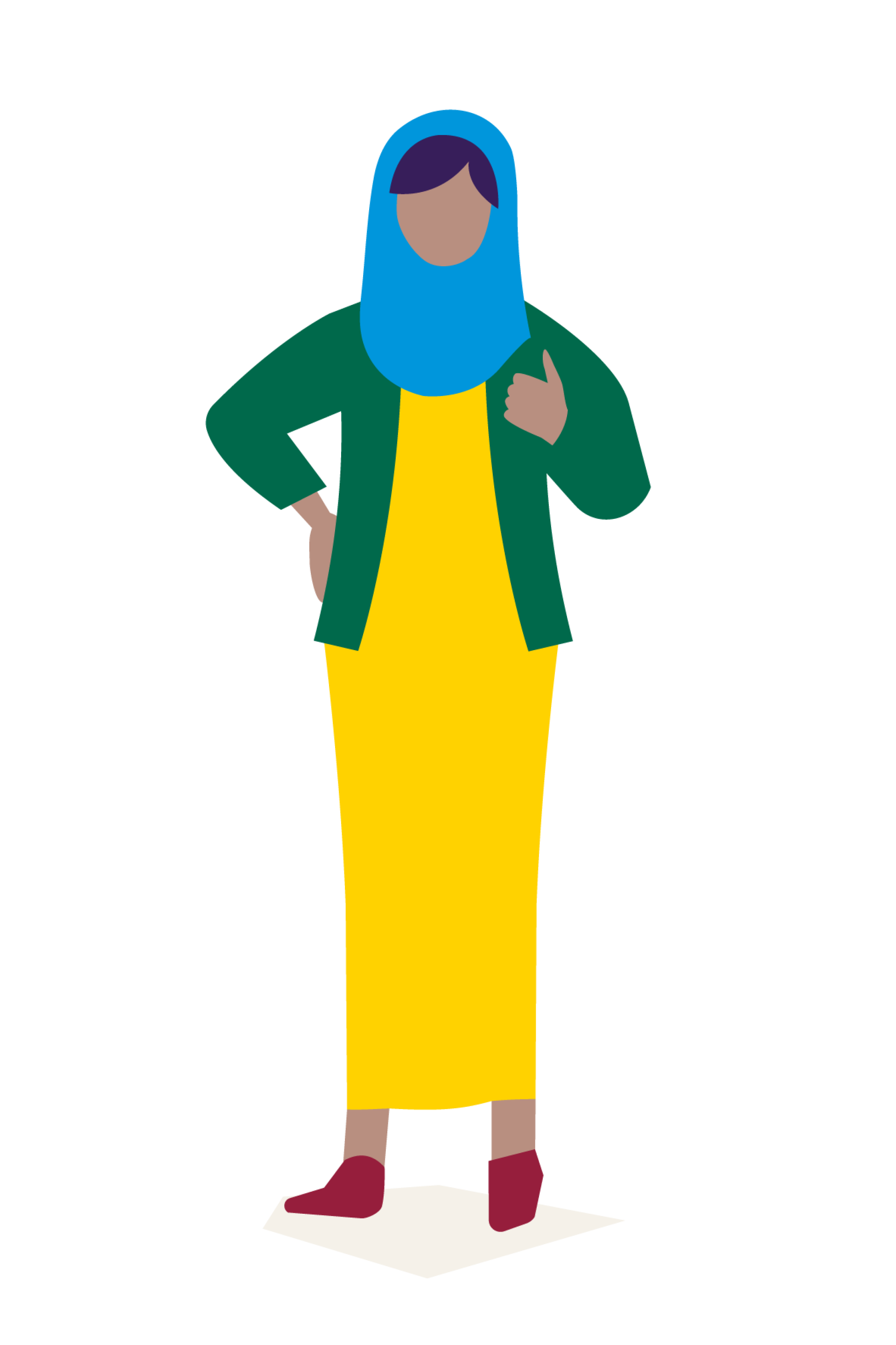 Een illustratie van een persoon in een gele jurk met een blauwe hijab en een groen jasje.
