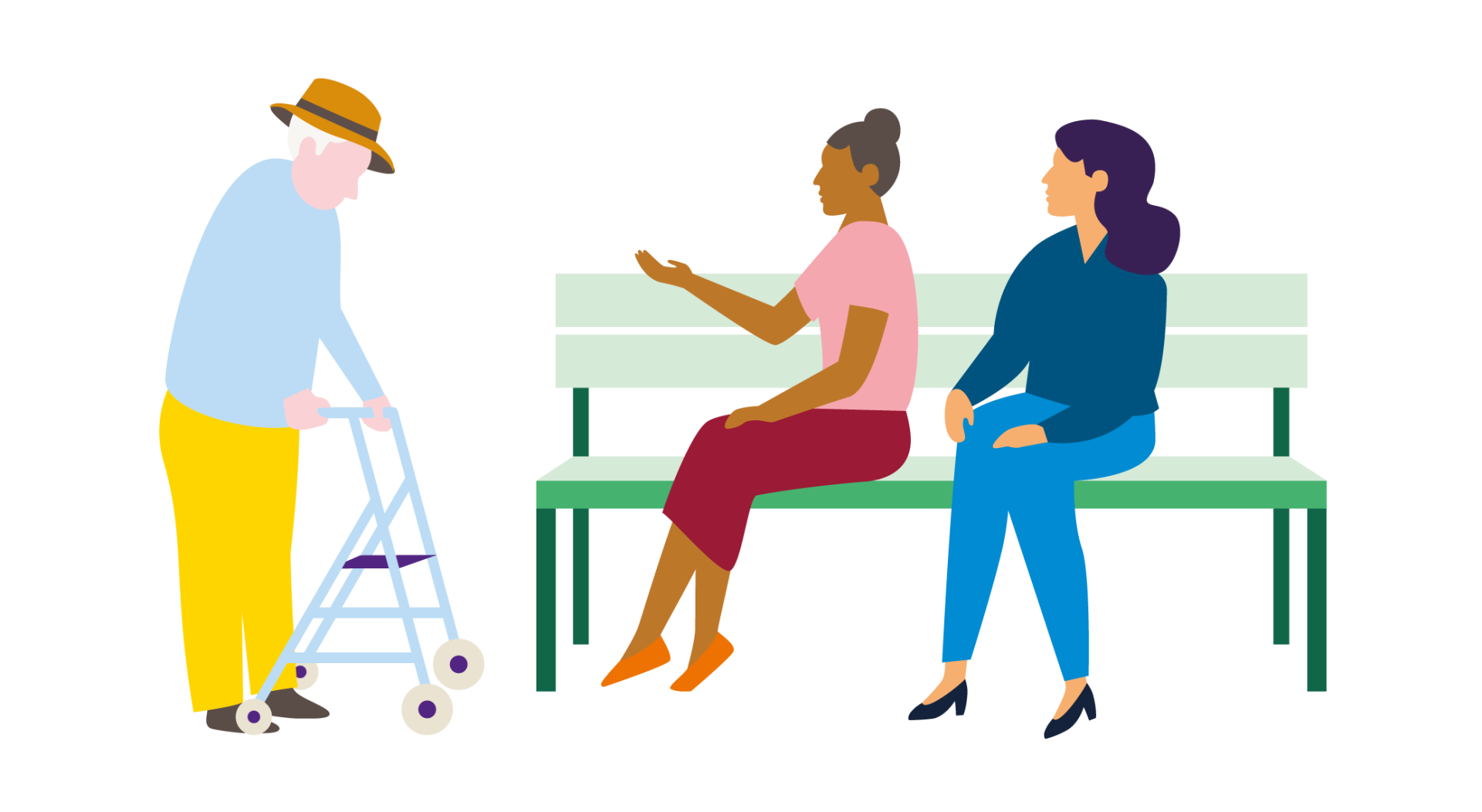 Illustratie van een oudere man met rollator in gesprek met twee zittende vrouwen op een bank.