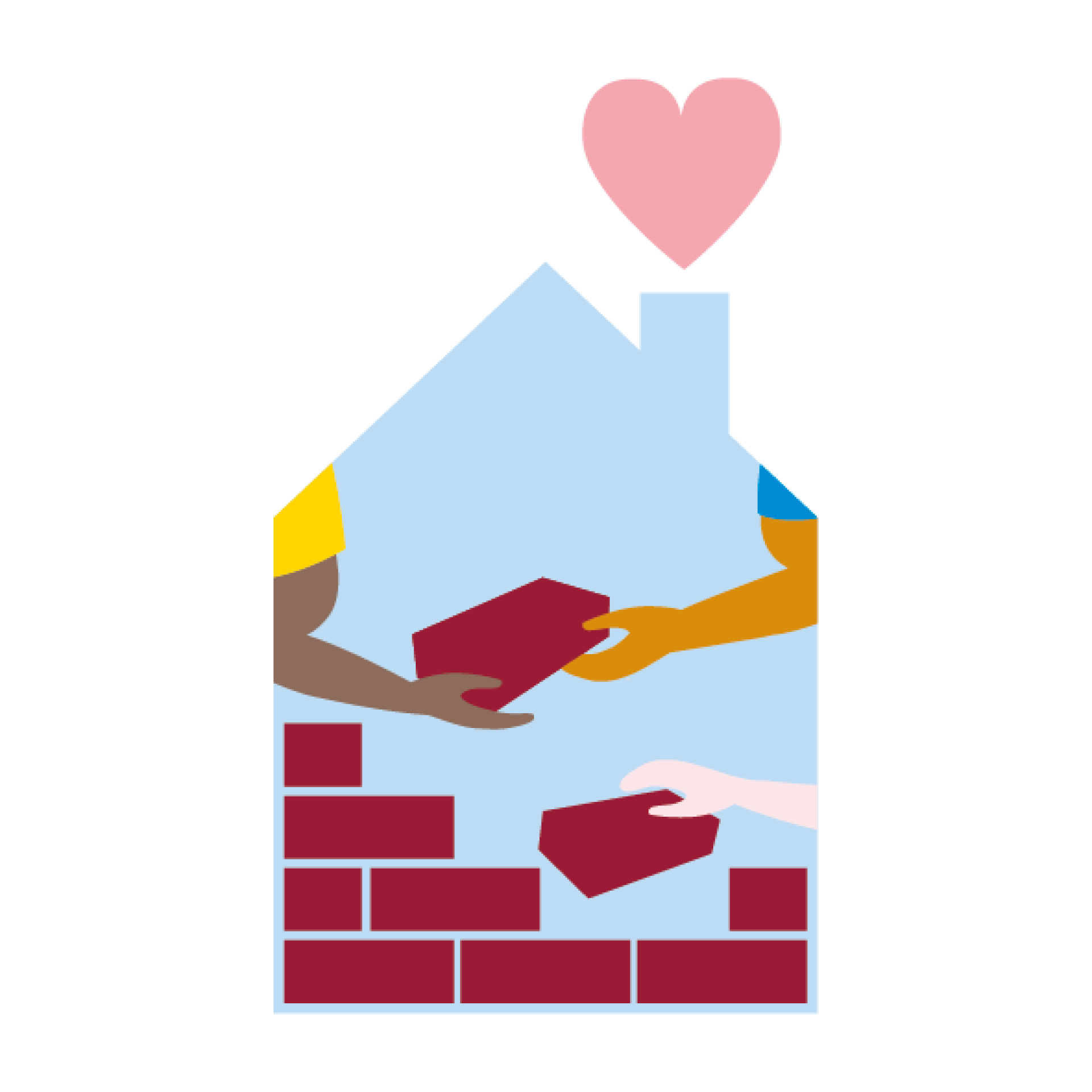 Illustratie van een huis in opbouw met drie handen die samen werken, bovenaan een hart.