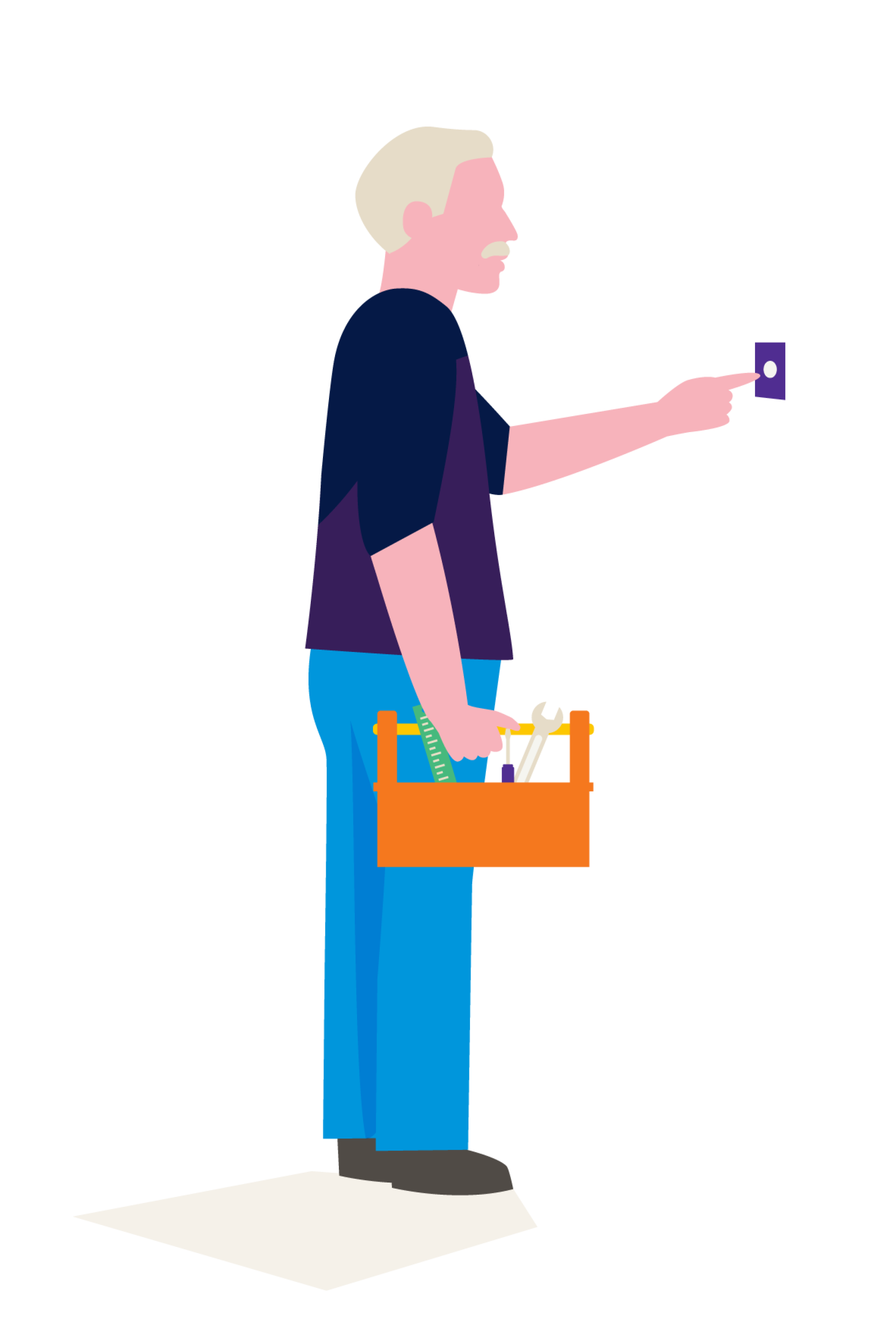Illustratie van een persoon met een gereedschapskist die aanbelt.