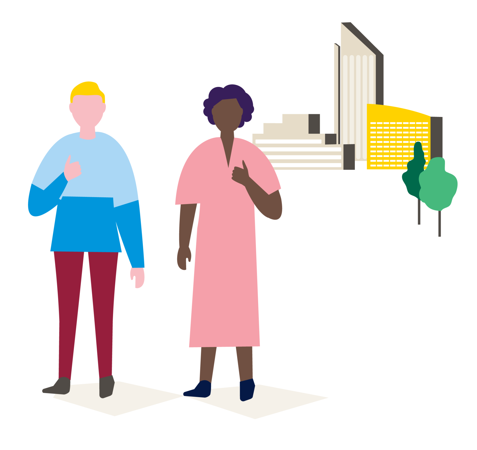 Illustratie van twee mensen met stadsgebouwen op de achtergrond.