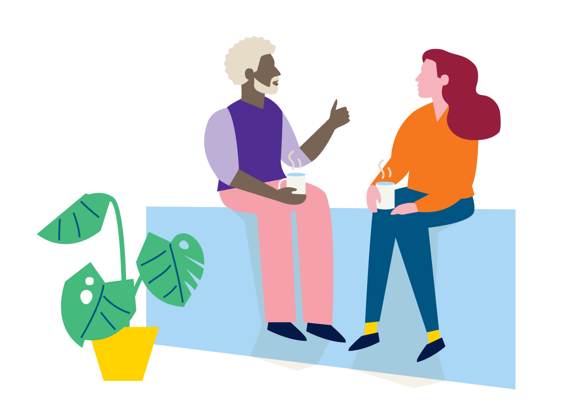 Illustratie van twee mensen die met elkaar zitten te praten en koffie drinken.