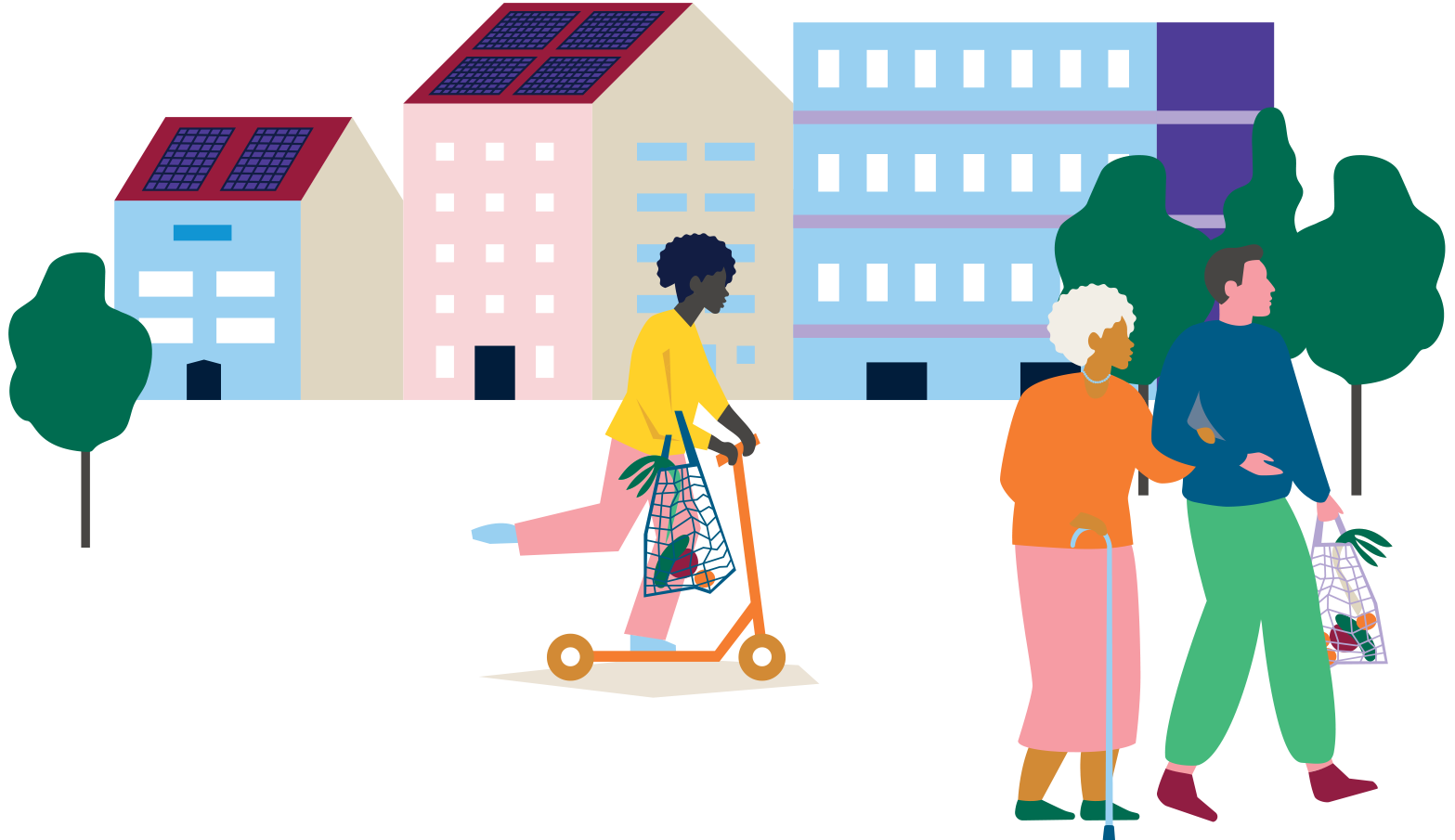 Illustratie van mensen in een duurzame buurt met zonnepanelen op de daken.