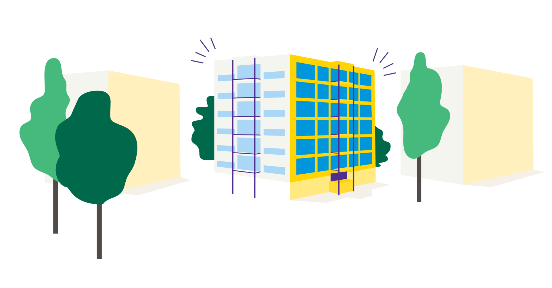 Illustratie van een gebouw tussen twee andere gebouwen met bomen.