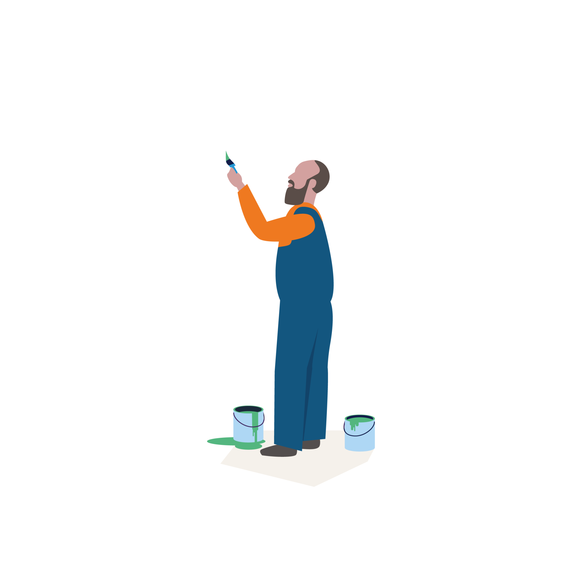 Illustratie van een man in overall die een muur schildert met een verfroller.