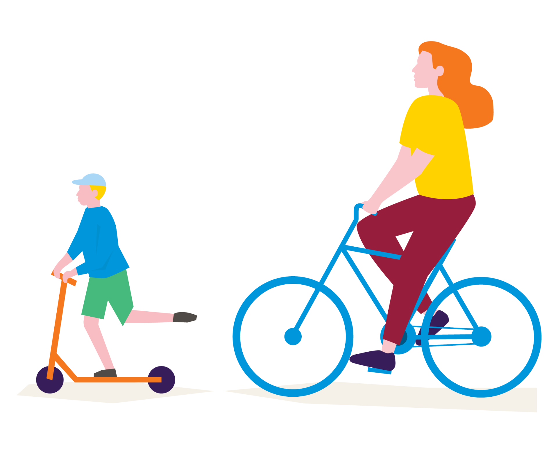 Illustratie van een vrouw fietst naast een jongen op een step.