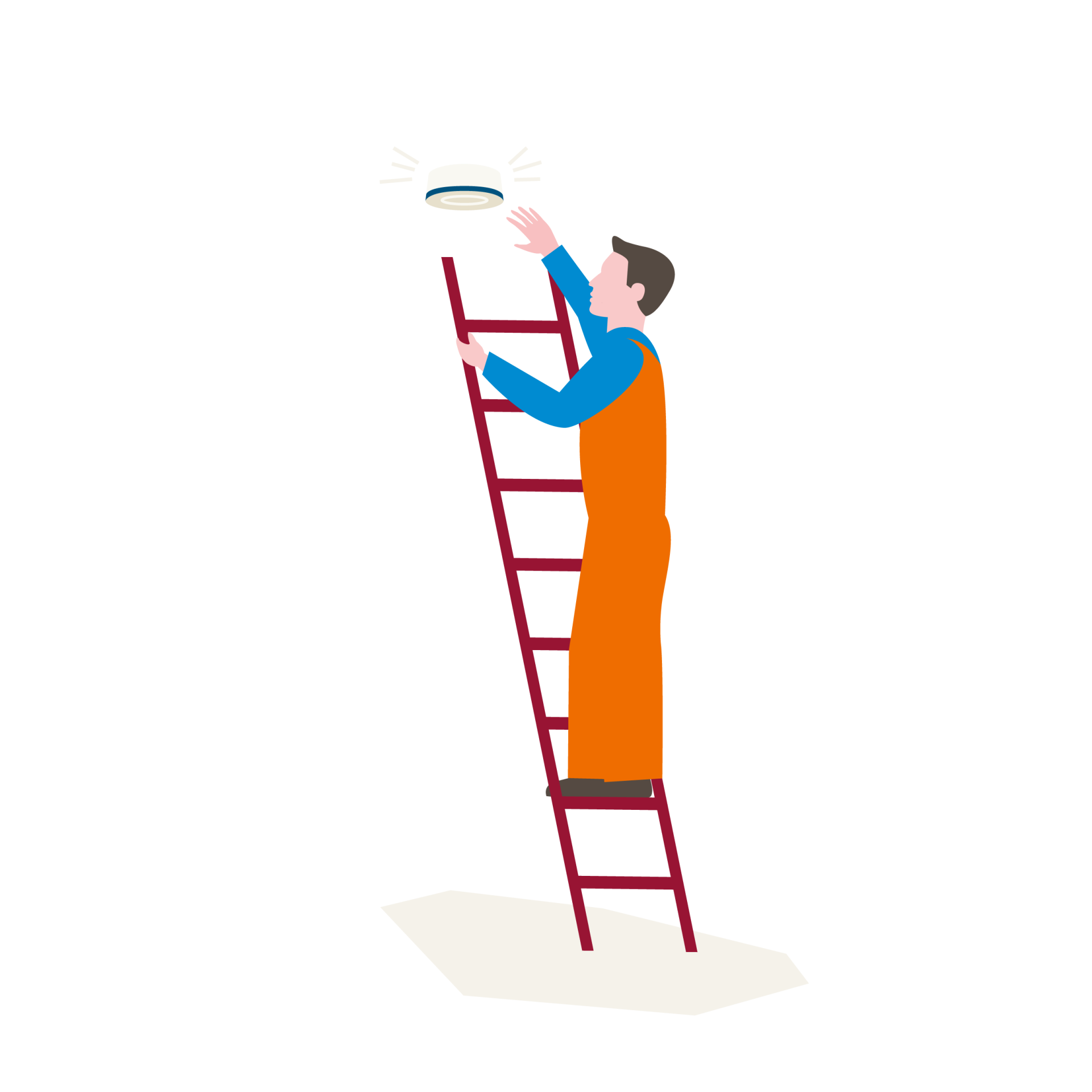 Ilustratie van een man op een ladder die een rookmelder installeert.