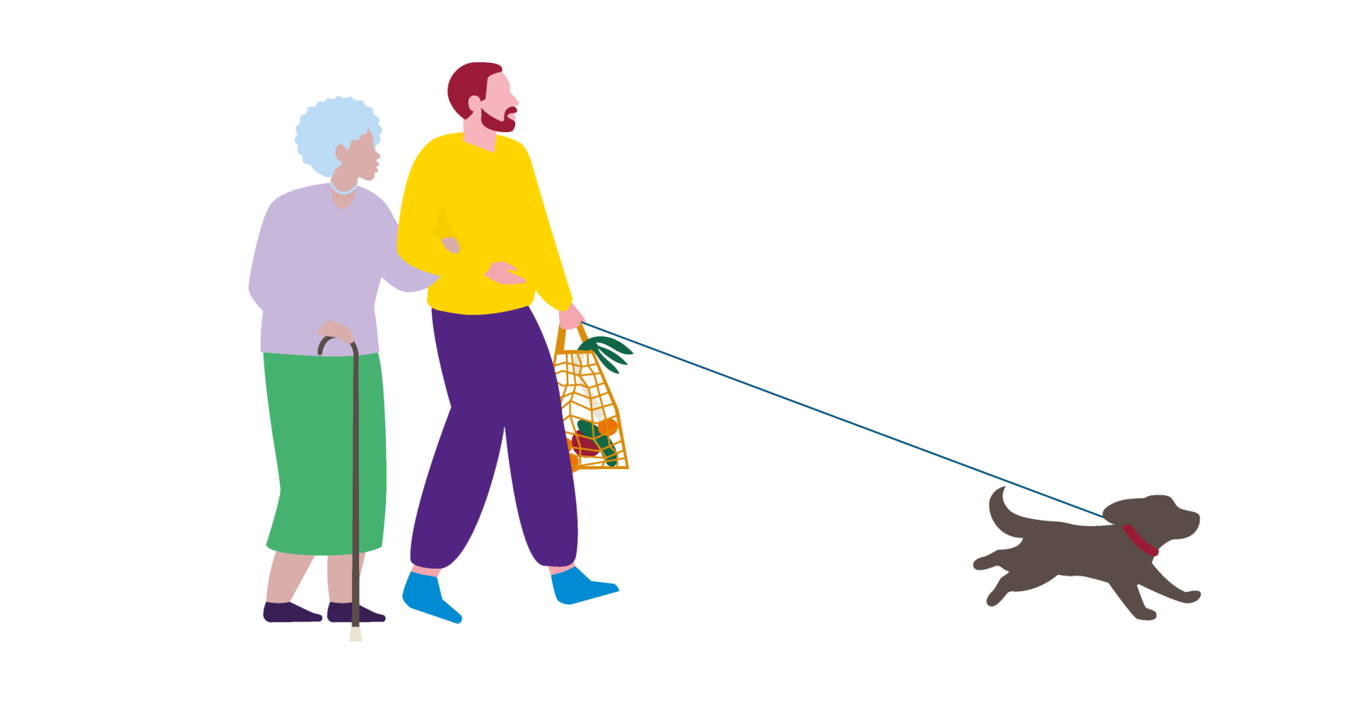 Illustratie van twee mensen die samen een hond uitlaten.