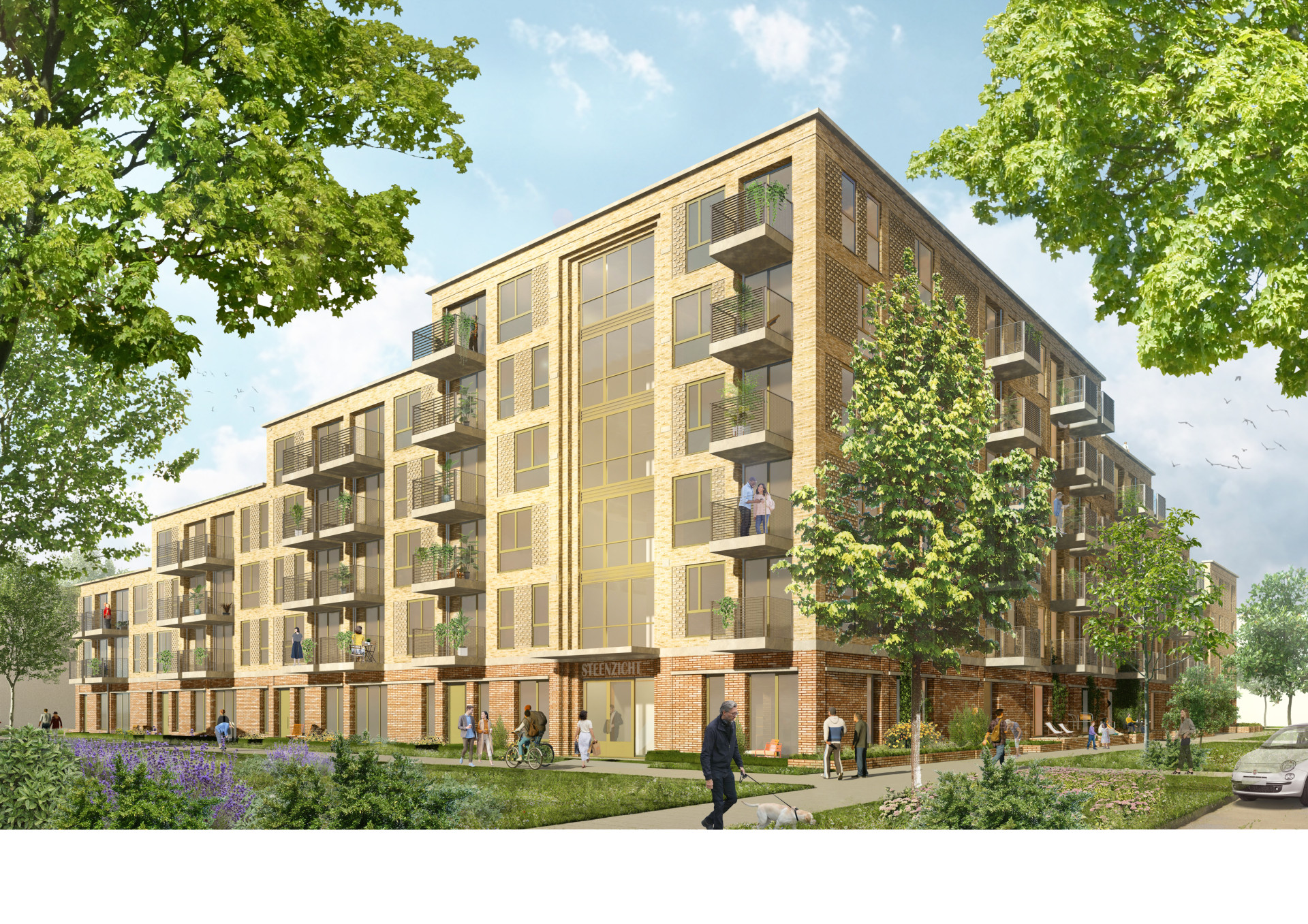 Nieuw modern appartementsgebouw omgeven door groen.